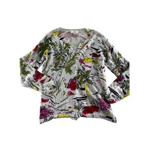 Quacker Factory XS Cardigan Palm Tree Print Rhinestone Button Down Knit Top